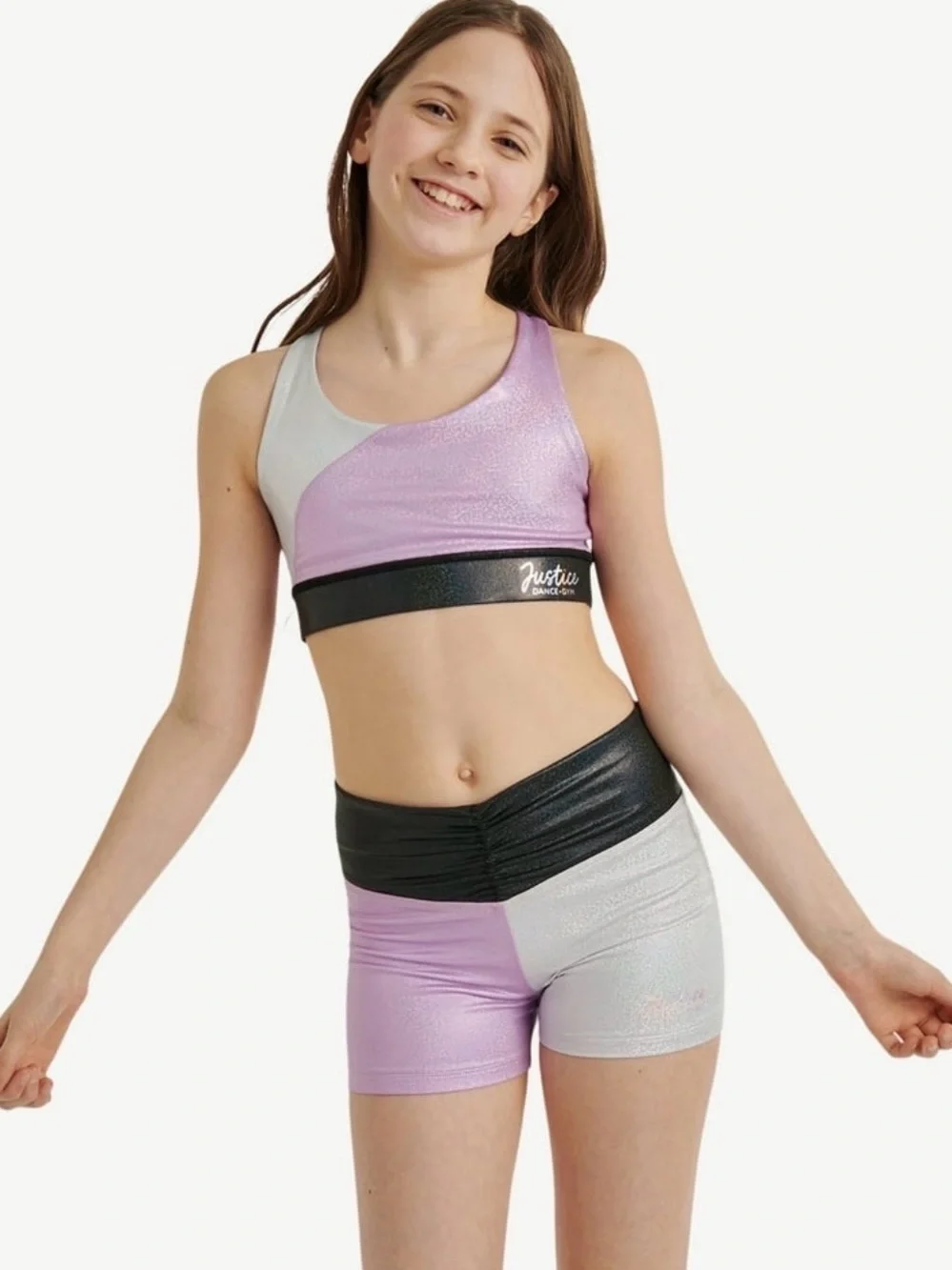NWT: Justice Stretch Strappy Back Sports Bra for Girls Purple Black Dance Gym